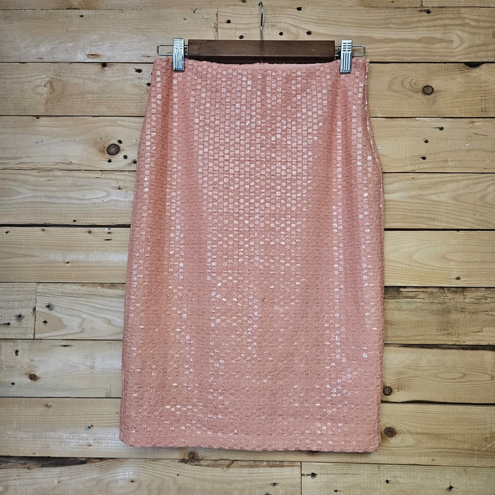 HM Womens Peach Pink Sequin Textured Pencil Skirt Size S Side Zip Cocktail Glam